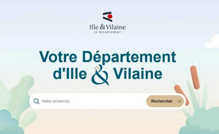 Image du site web du Département d'Ille-et-Vilaine, avec le logo du département en haut, une barre de recherche et un bouton de recherche sur un fond illustré de plantes aquatiques.