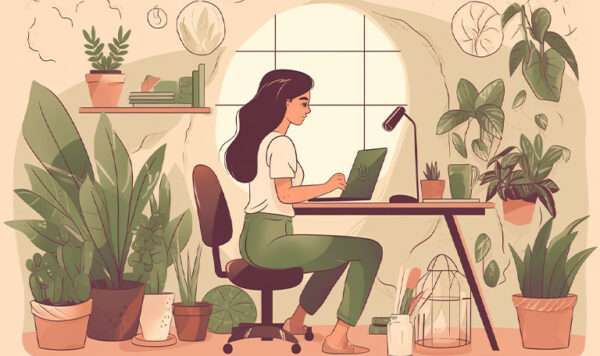 Femme travaillant à un bureau entouré de plantes.